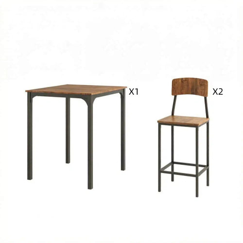 3-Piece Walnut & Black Industrial Dining Set, Square MDF Table & 2 Space-Saving Stools