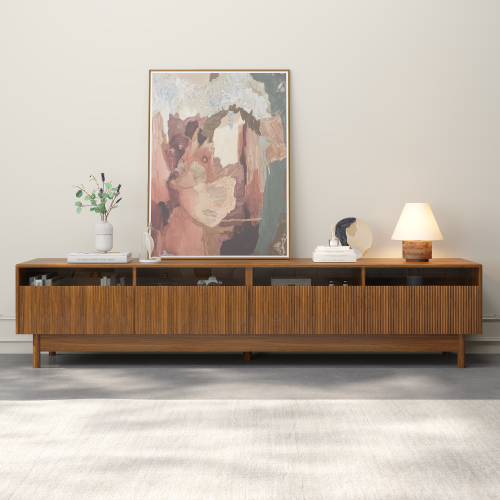 78.7 inch Walnut Fluted Glass Drawer TV Stand Solid Wood Leg Media Console Up To 85 inch TV