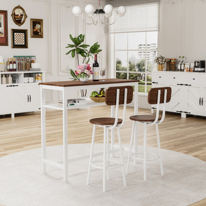 3-Piece Wood Top Bar Set, White Steel Frame Table & 2 Stools with Rack