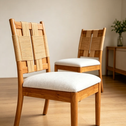 Paper Rope Back Rubberwood Dining Chairs with Linen Seats, Set of 2, Beige/Natural