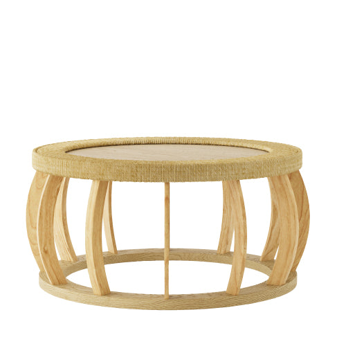 35.43inch  Round Vintage Rattan Coffee Table Solid Wood Boho Curved Leg Accent