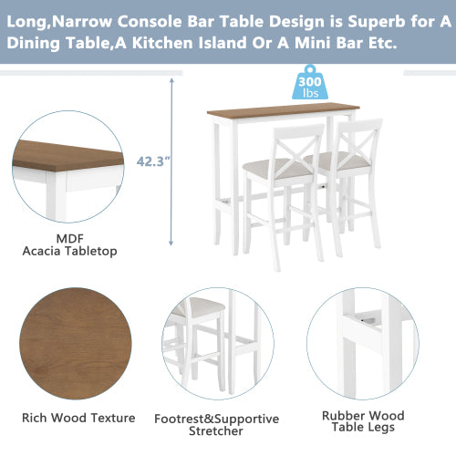 Farmhouse 48inch Rectangular Wood Bar Height Dining Set Kitchen Breakfast Nook with 2 Chairs for Small Places,Brown+White+Beige