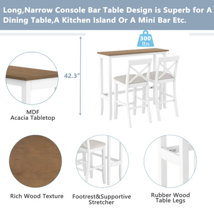 Farmhouse 48inch Rectangular Wood Bar Height Dining Set Kitchen Breakfast Nook with 2 Chairs for Small Places,Brown+White+Beige