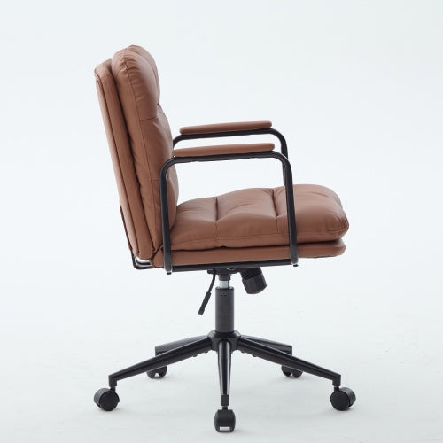 Office Chair,Mid Back Home Office Desk Task Chair with Wheels and Arms Ergonomic PU Leather Computer Rolling Swivel Chair with Padded Armrest,The back of the chair can recline 40°(Brown)
