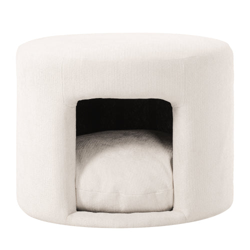 23.6 inch Round Beige Pet-Friendly Ottoman with Hidden Pet Nook, Acacia Legs, 220 LBS Weight Capacity