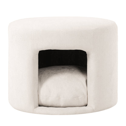 23.6 inch Round Beige Pet-Friendly Ottoman with Hidden Pet Nook, Acacia Legs, 220 LBS Weight Capacity