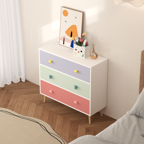 Kids 3 Drawer Dresser, Colorful Baby Nightstand Storage Cabinet, Toddler Bedroom Chest with Cartoon Pulls