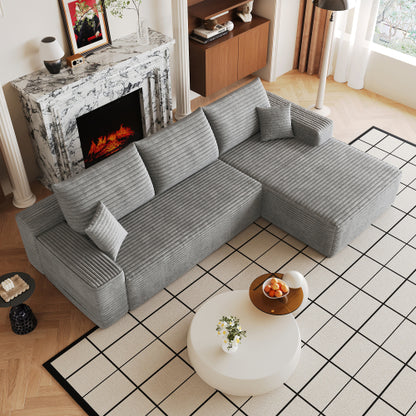 107 inch  Grey Plush Corduroy L-Shape Chaise Cloud Modular Sofa, No Assembly