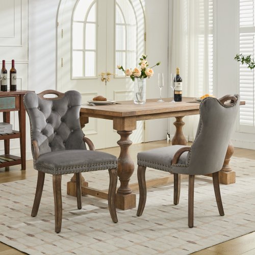 Set of 2 Gray Hand Tufted Velvet Dining Chairs, Solid Wood Handles Vintage Copper Nail Curved Wood Legs