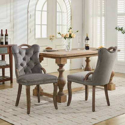Set of 2 Gray Hand Tufted Velvet Dining Chairs, Solid Wood Handles Vintage Copper Nail Curved Wood Legs