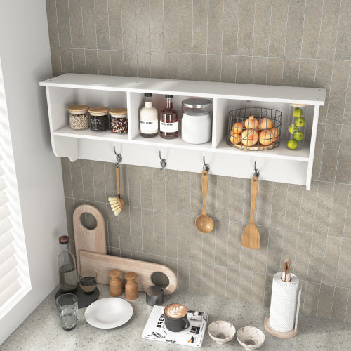 White Entryway Wall Mounted Coat Rack with 4 Dual Hooks Living Room Wooden Storage Shelf