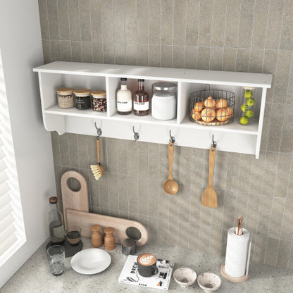 White Entryway Wall Mounted Coat Rack with 4 Dual Hooks Living Room Wooden Storage Shelf