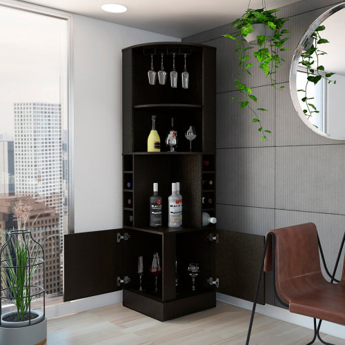 Corner Bar Cabinet, Eight Bottle Cubbies, Double Door, Two Open Shelves -Black