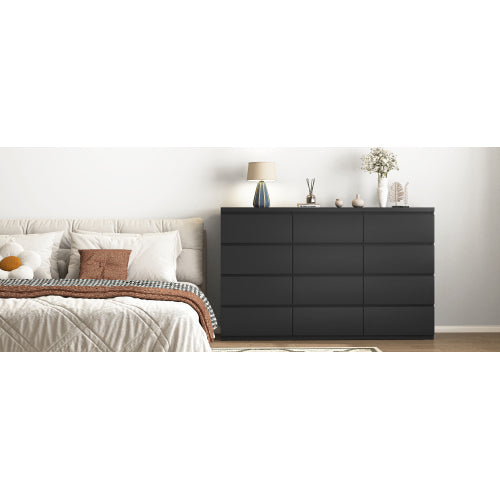 12 Drawers Double Dresser, Modern Wood Dresser Chest of Drawers with Large Storage Space for Bedroom, Black