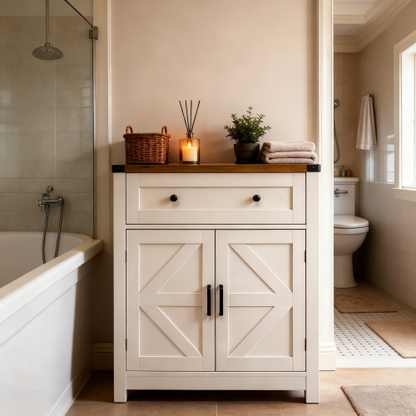 White & Wood-Grain Top Farmhouse Barn-Door Storage Cabinet, Coffee Bar Buffet Sideboard with Drawer for Kitchen & Living Room