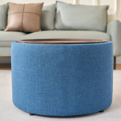 Blue 2-Piece Linen Nesting Storage Ottoman Set, Round Foot Stool with Wood Tray, Fully Assembled 396 LBS