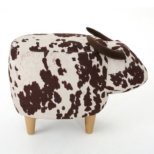 Brown & White Cow Shaped Animal Ottoman, Fabric Accent Footstool with Velvet Horns and Birch Wood Legs for Home Decor