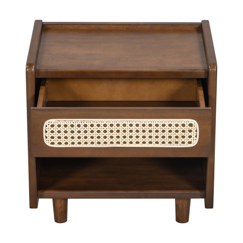 Walnut Nightstand with Rattan Detail, MDF + Solid Wood, Modern Bedroom Storage, Open Shelf & Drawer, Indoor Furniture
