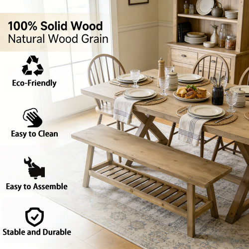 43inch  Farmhouse Wood Bench, 2-Tier Entryway Bench, Narrow Rustic Storage Bench with Open Storage Shelf for Entryway, Hallway, Living Room, Bedroom, Kitchen, Dining (Distressed Wood Color)