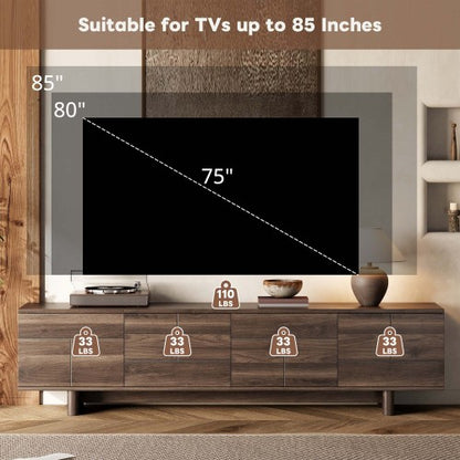 78.7 inch Dark Brown Push-Open TV Stand Solid Pine Leg Media Console Adjustable Shelves For 85 inch TV