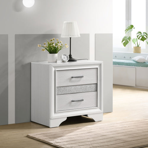 White 2 Drawer Nightstand with Hidden Jewelry Tray, Glam Bedside Table with Crystal Handles, Bedroom Storage Cabinet