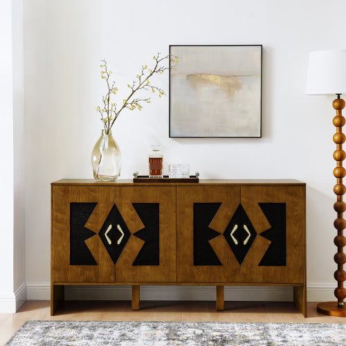 60 inch Mid Century Modern Sideboard Buffet Cabinet with Storage, TV Media Console, Storage Cabinet with Geometric Pattern & Adjustable Shelves for Kitchen Dining Living Room Entryway Hallway, Walnut