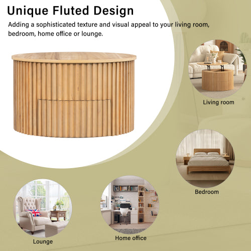 Round Lift Top Coffee Table Storage Fluted Wood MDF Solid Wood Living Room Table