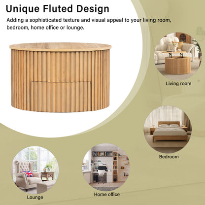 Round Lift Top Coffee Table Storage Fluted Wood MDF Solid Wood Living Room Table