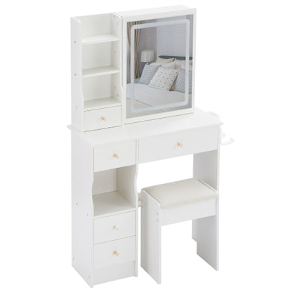 29.2" Small Size Drawer Desktop Vanity Table + Cushioned Stool, 2 AC+2 USB Power Station, Hair dryer bracket, Extra Large Touch Control Sliding LED Mirror, 3-color Switching, EPA, GCC, UL Certificate