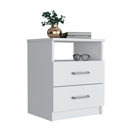 White 2-Drawer Nightstand with Open Shelf