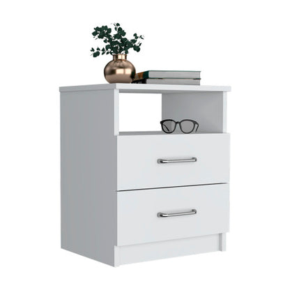 White 2-Drawer Nightstand with Open Shelf