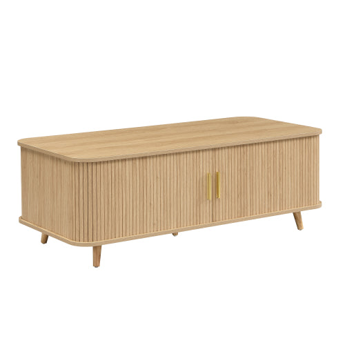 Mid-Century Natural Wood Coffee Table with Tambour Doors & 4 Open Storage Compartments