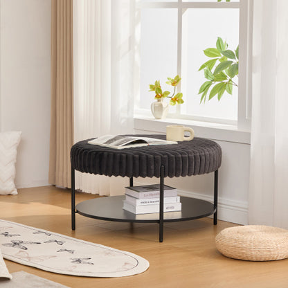 30.9 Inch Charcoal Faux Fur Round Ottoman, Open Storage Shelf Footstool with Black Metal Legs, Supports 275 Lbs
