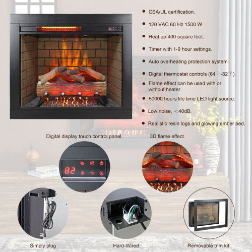 28 inch Infrared Electric Fireplace with Removable Trim kit Insert, Touch Panel Home Decor Heater, Smokeless Firebox With Fire Crackling Sound