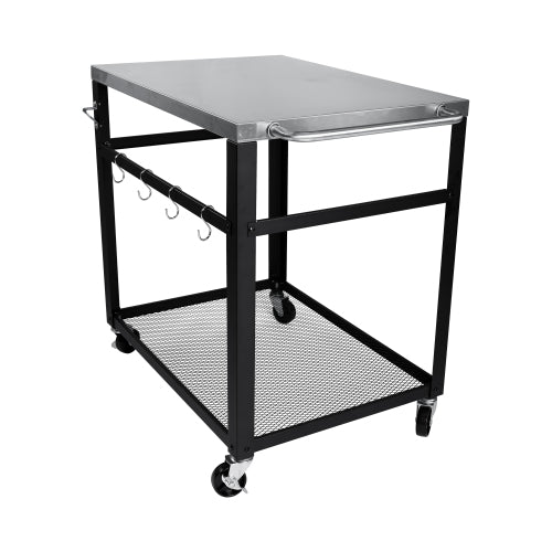 2-Tier Outdoor Grill Cart with Stainless Steel Top, Locking Wheels & Tool Hooks, Movable BBQ Prep Table with Mesh Shelf, Rolling Serving Bar Cart for Patio, Backyard, Pizza Oven Stand, Black