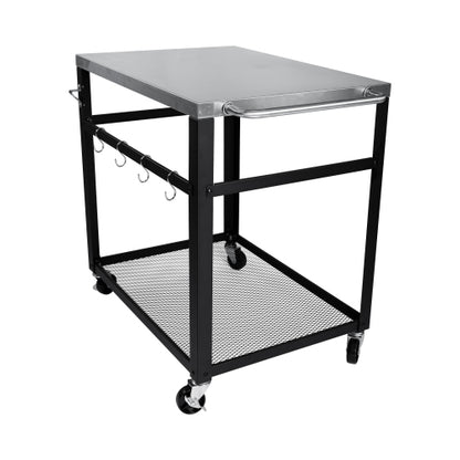 2-Tier Outdoor Grill Cart with Stainless Steel Top, Locking Wheels & Tool Hooks, Movable BBQ Prep Table with Mesh Shelf, Rolling Serving Bar Cart for Patio, Backyard, Pizza Oven Stand, Black