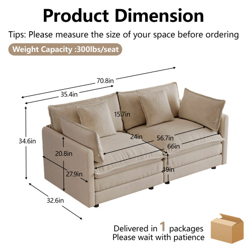 Light-Coffee Chenille Upholstered 2-Seat Deep-Seat Modular Sofa with 4 Pillows for Living-Room Bedroom