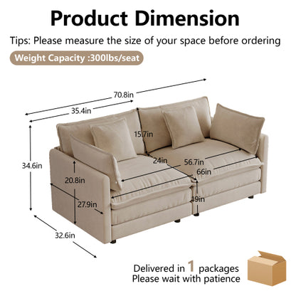 Light-Coffee Chenille Upholstered 2-Seat Deep-Seat Modular Sofa with 4 Pillows for Living-Room Bedroom