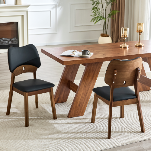 Set of 2 Walnut Wood Dining Chairs, Black PU Upholstered Hollow Back Modern Kitchen Chairs
