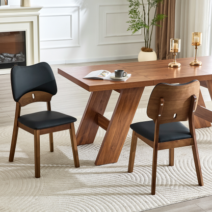 Set of 2 Walnut Wood Dining Chairs, Black PU Upholstered Hollow Back Modern Kitchen Chairs