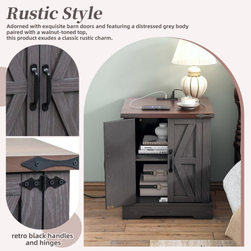 Farmhouse End Table with Charging Station, Rustic Nightstand with Barn Doors and Adjustable Shelf, Walnut Top Grey Cabinet