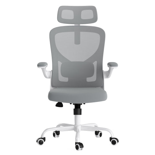 Ergonomic Office Chair, Home Office Desk Chair with Headrest, High Back Computer Chair with Armrests and Adjustable Lumbar Support for Home Office Study Room, White & Gray