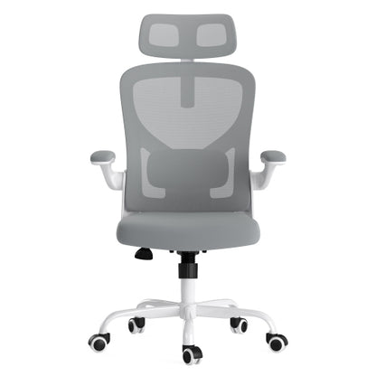 Ergonomic Office Chair, Home Office Desk Chair with Headrest, High Back Computer Chair with Armrests and Adjustable Lumbar Support for Home Office Study Room, White & Gray