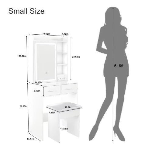 White Small Makeup Vanity Desk with Mirror & LED Lights, Power Outlet, Hidden Storage, Padded Stool & Shelf