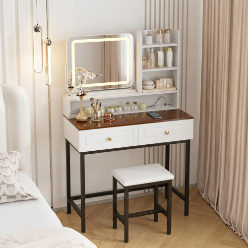 White Amber Glass Vanity Desk, 360° Rotatable LED Mirror, USB?AC Power Outlet, Metal Legs & PU Stool