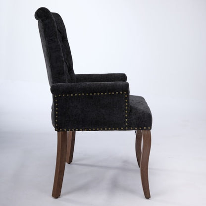 Upholstered Chenille Arm Dining Chair, Tufted Accent Chair with Curved Solid Wood Legs, Black, Single Pack