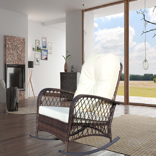 Outdoor Wicker Rocking Chair with Wide Seat, Thick, Soft Cushion, Rattan Rocker w/Steel Frame, High Weight Capacity for Patio, Garden, Backyard, Beige Cushion