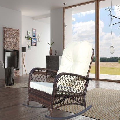 Outdoor Wicker Rocking Chair with Wide Seat, Thick, Soft Cushion, Rattan Rocker w/Steel Frame, High Weight Capacity for Patio, Garden, Backyard, Beige Cushion