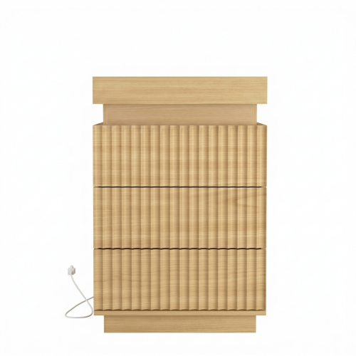 2 Pack Natural Nightstand, Sliding Top Charging Station & RGB LED with Fluted Drawers