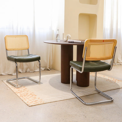 Set of 2 Dark Green Faux Leather Rattan Cantilever Dining Chairs, Chrome Tubular Steel Breuer Frame Stackable Side Chairs